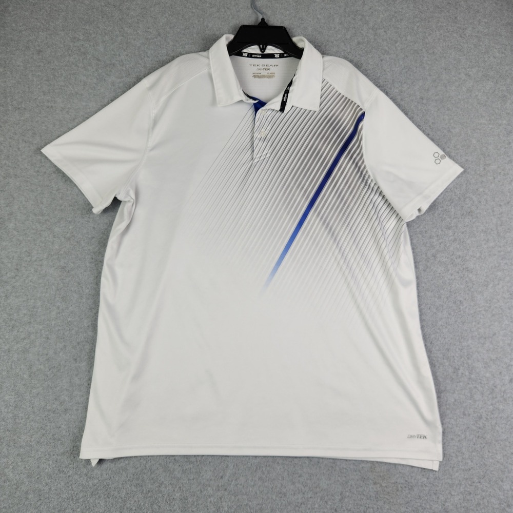 Tek Gear Polo Men XL White DryTek Performance Short Sleeve Diagonal Stripe Sport